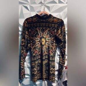 Free People Velvet Top with Black and Orange Patterns